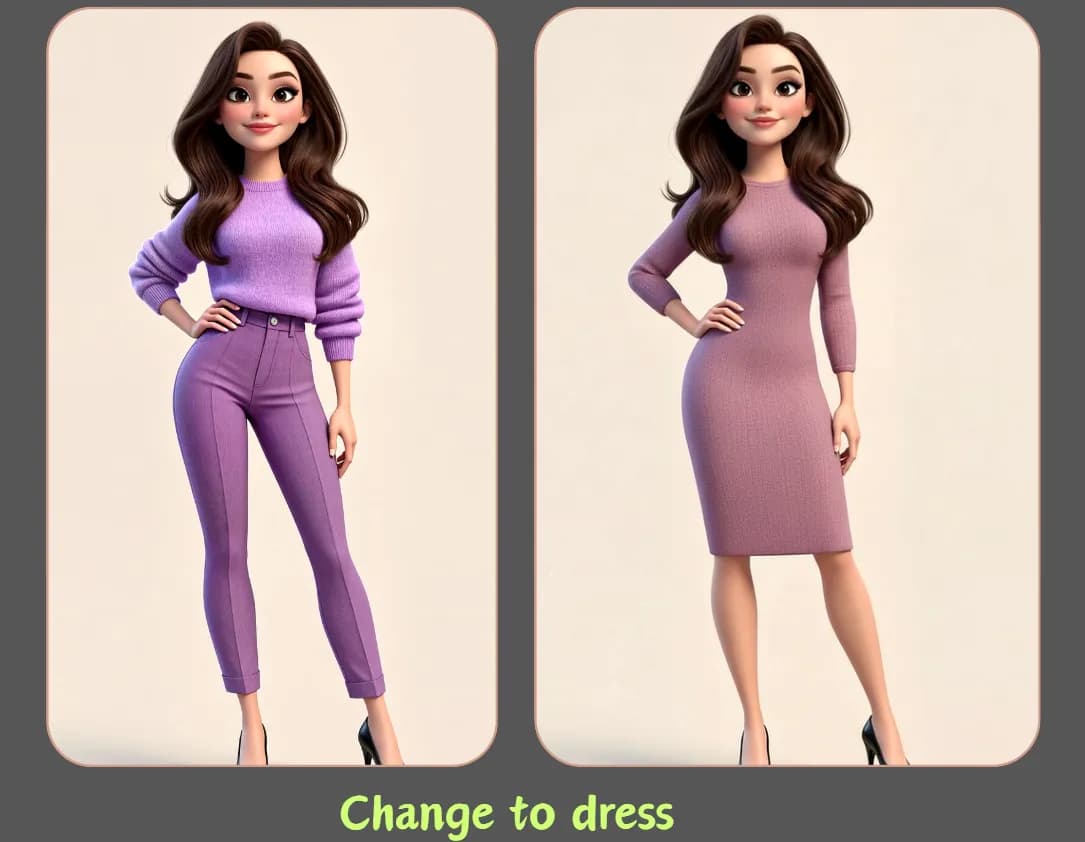 Illustrated character outfit changed from trousers to a dress