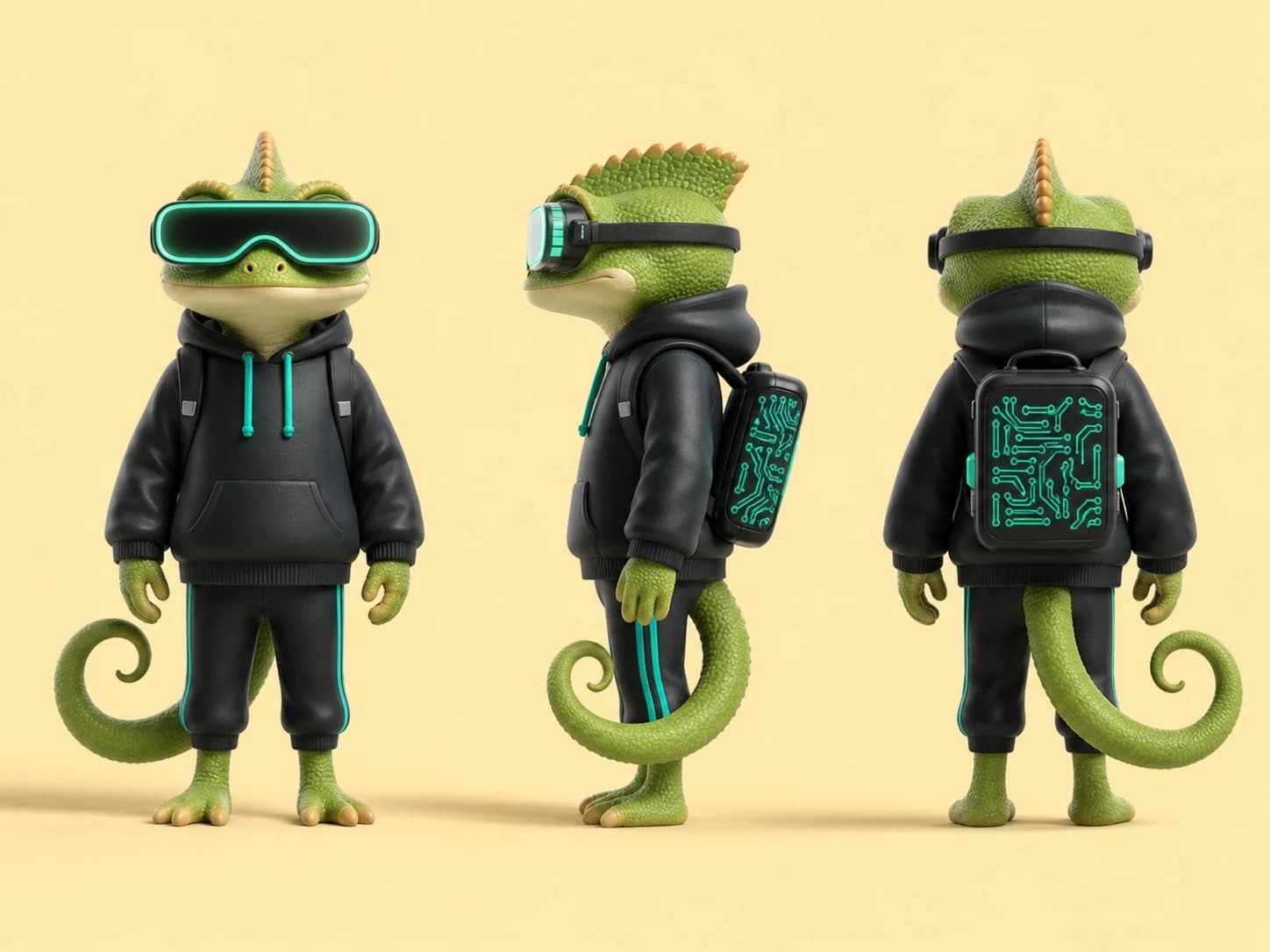 Three-view 3D character turnaround of a green lizard