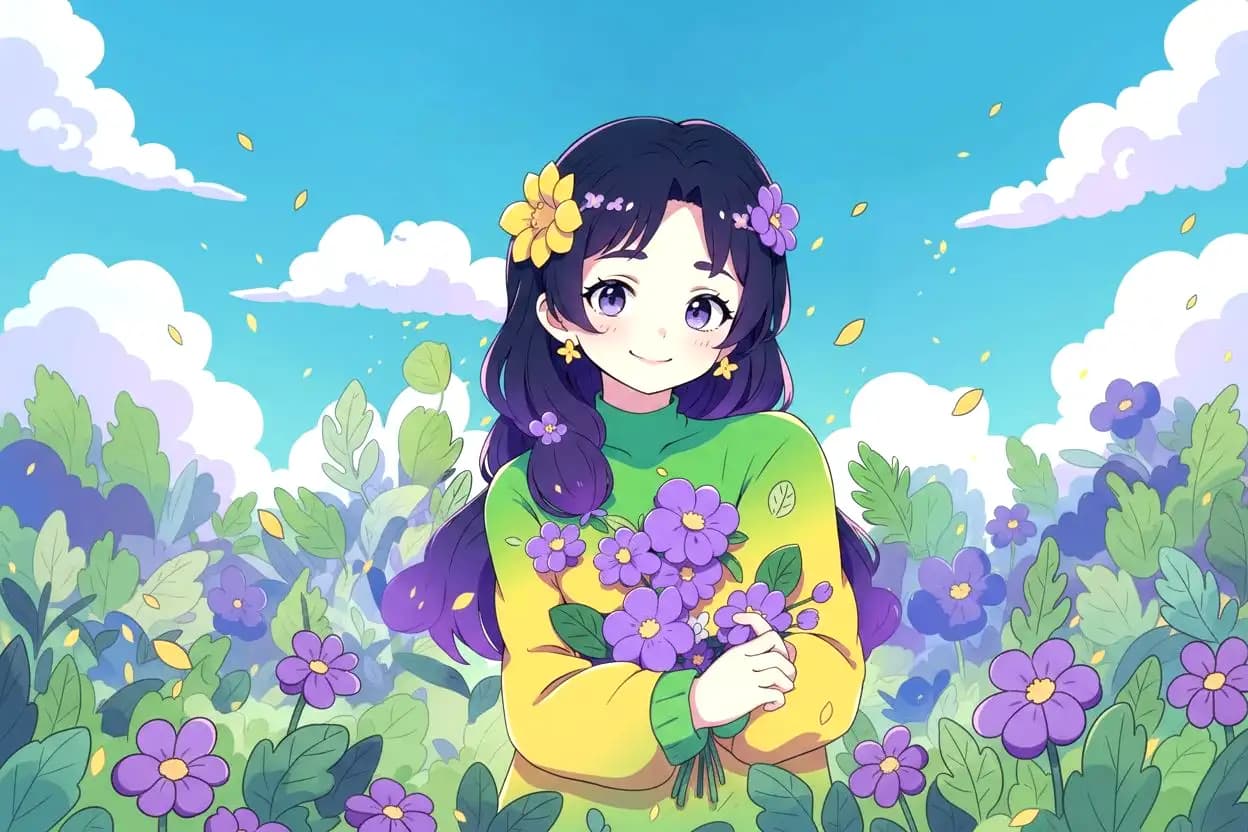 Colorful illustrated character holding flowers in a field