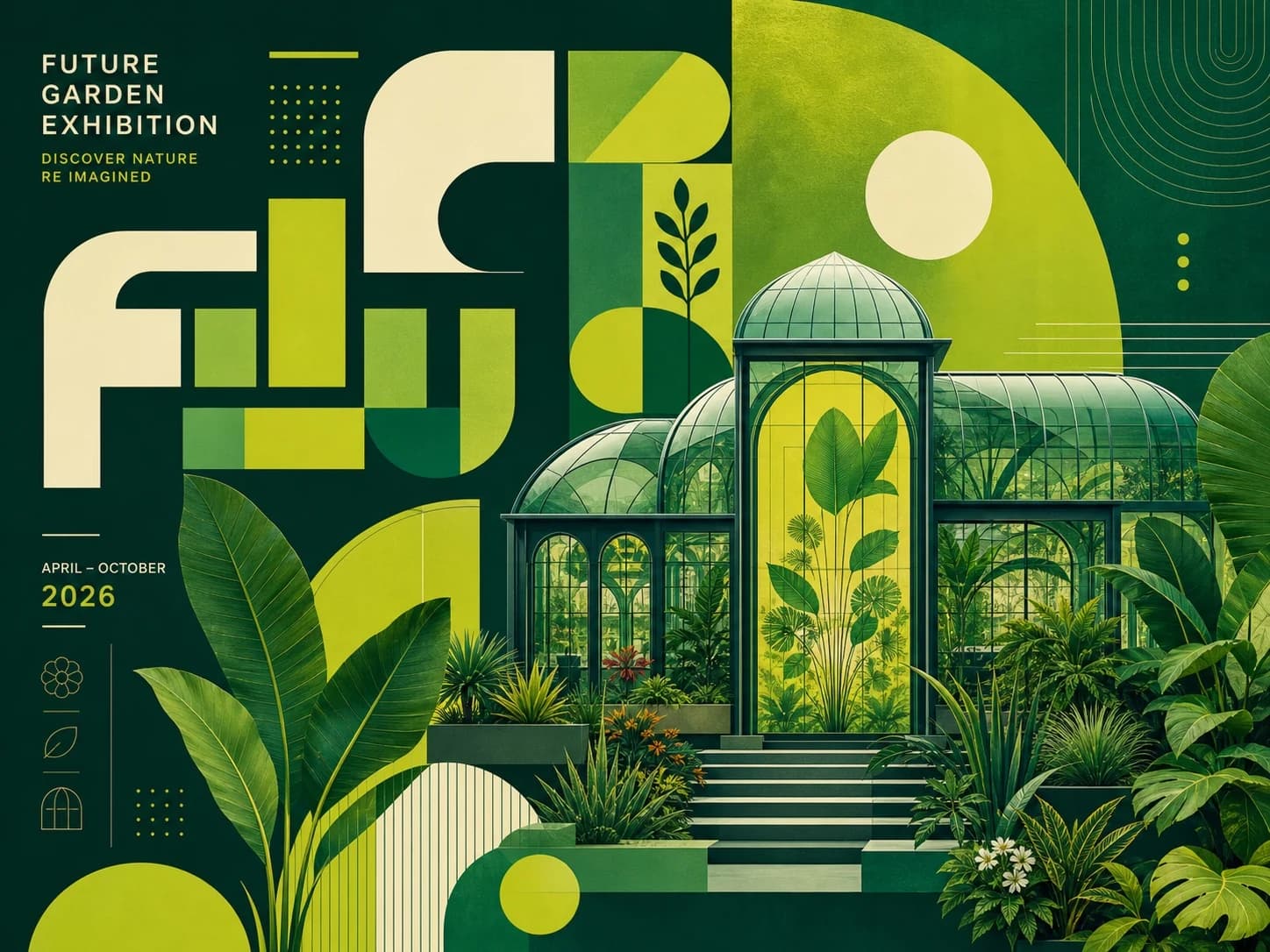 Green botanical exhibition poster with a glass greenhouse